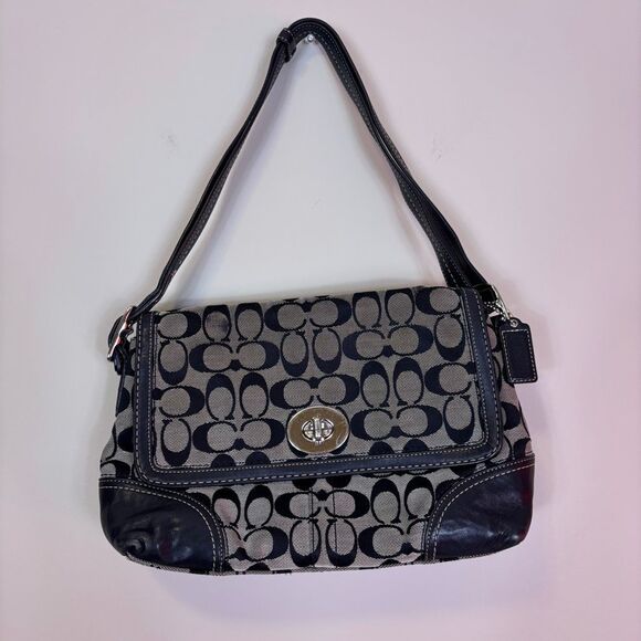 Coach Hampton Black and Grey Monogram Black Leather Shoulder Purse - Picture 1 of 8